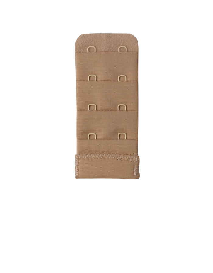 Beige bra extender with multiple 2-hook closure rows and soft stretch fabric