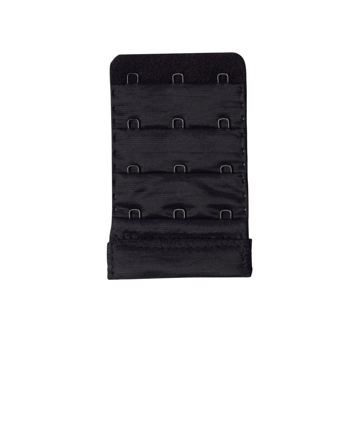 Black bra extender with 3 rows of metal hook and eye closures