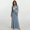 Floral pull-on nightgown in dusty blue with long sleeves and rose print, ankle length