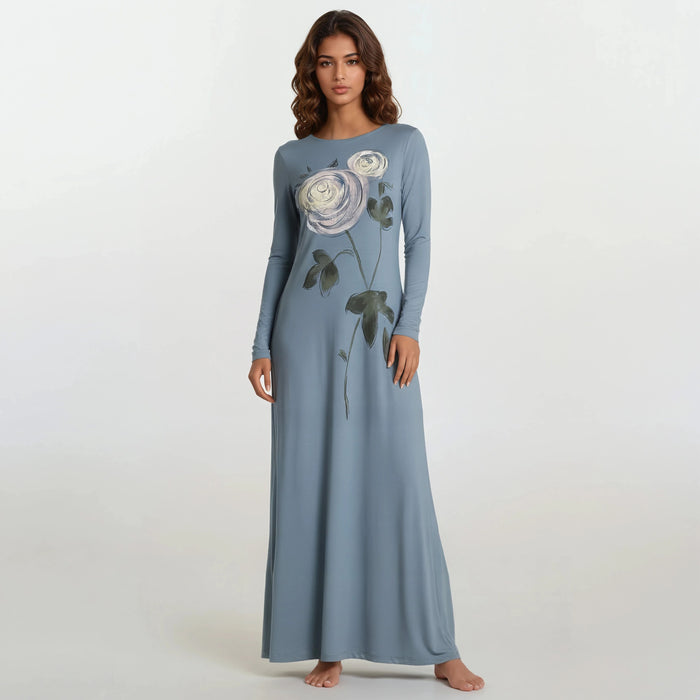 Floral pull-on nightgown in dusty blue with long sleeves and rose print, ankle length