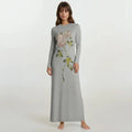 Women's grey floral pull-on nightgown, long sleeves, ankle-length with rose-and-leaf print