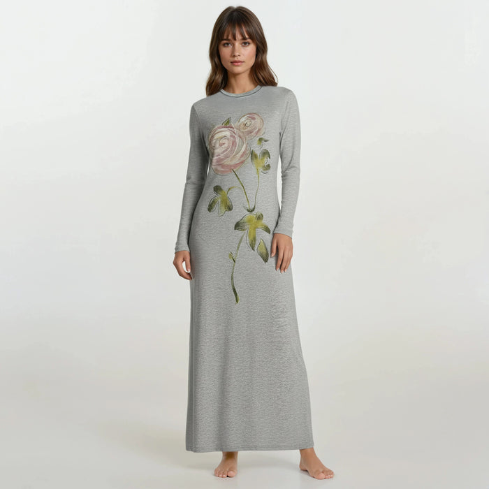 Women's grey floral pull-on nightgown, long sleeves, ankle-length with rose-and-leaf print