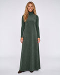 Forest green suede maxi dress with high neck and long ribbed sleeves