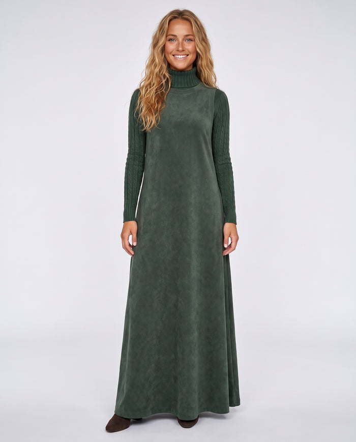 Forest green suede maxi dress with high neck and long ribbed sleeves