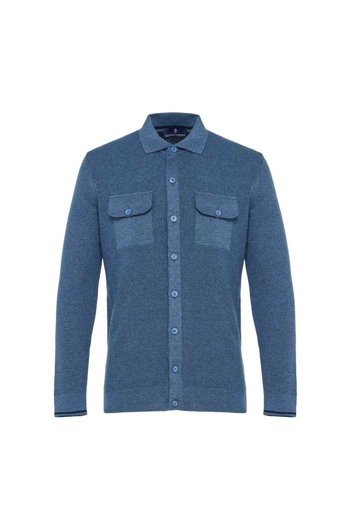 Full Button Waffle Knit Sweater with Double Pockets