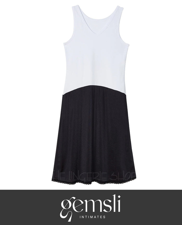 Reversible 2-in-1 full slip, white-to-black colorblock, scoop neck, scalloped hem