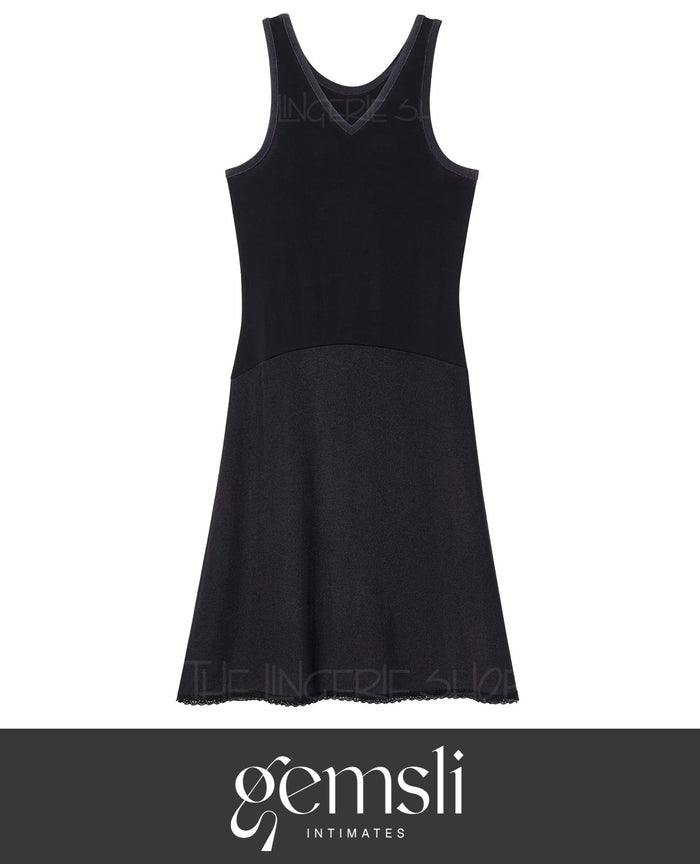 Black sleeveless full slip dress with scoop neck and scalloped lace hem