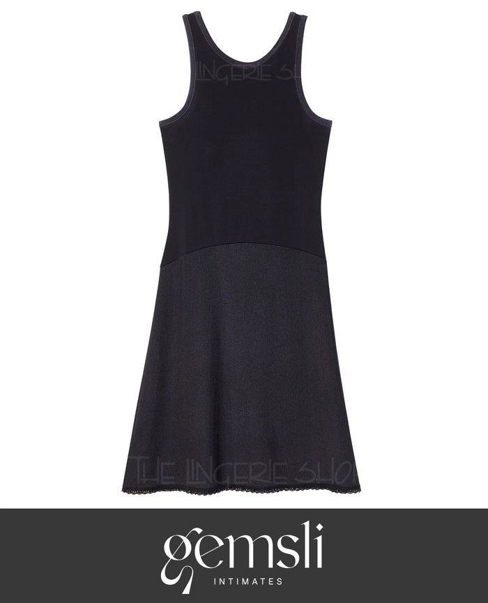 Black sleeveless full slip dress with scoop neck and two-tone skirt panel