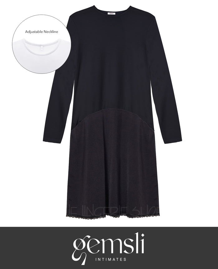 Gemsli FK312 Adjustable Neck Long Sleeve Solid Color Combination Full Slip Black