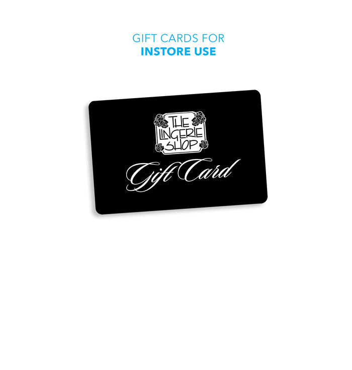 Black in-store gift card with white The Ingerie Shop logo and Gift Card script