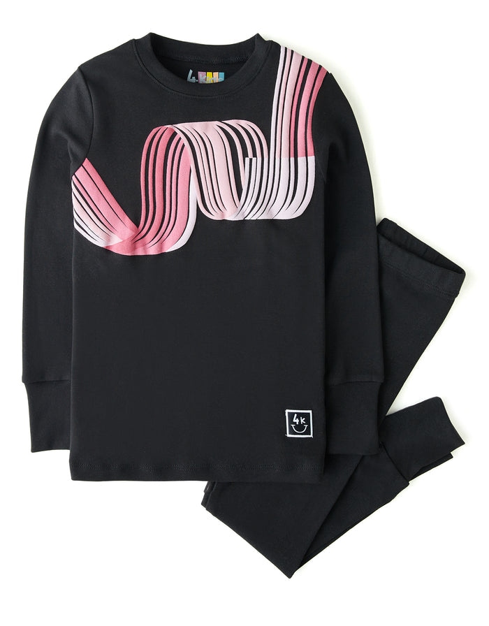 Girls black cotton playwear set with pink striped swirl long-sleeve top and leggings
