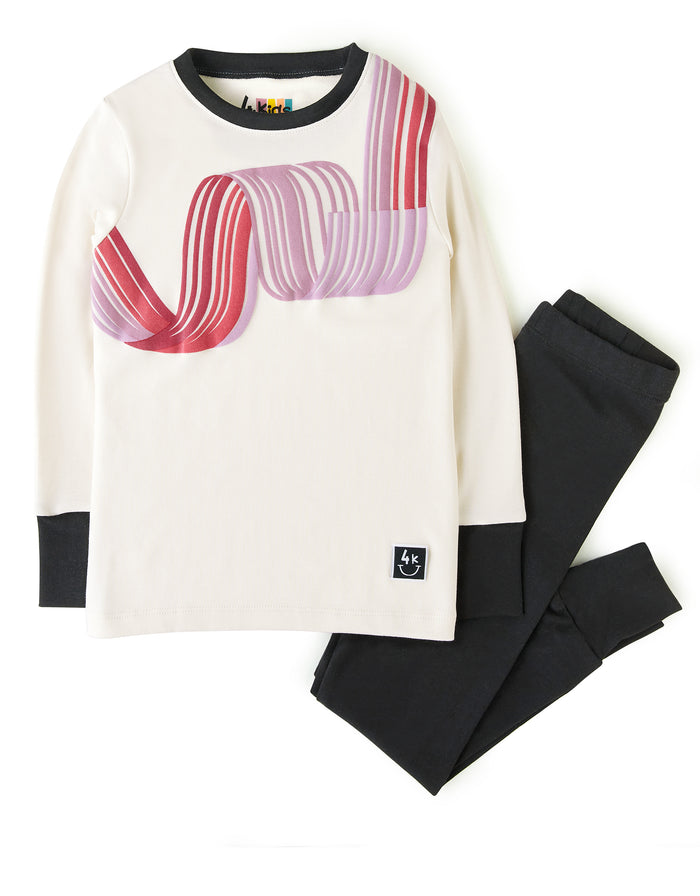 Girls' pima cotton playwear set: white long-sleeve top with pink striped graphic, black leggings