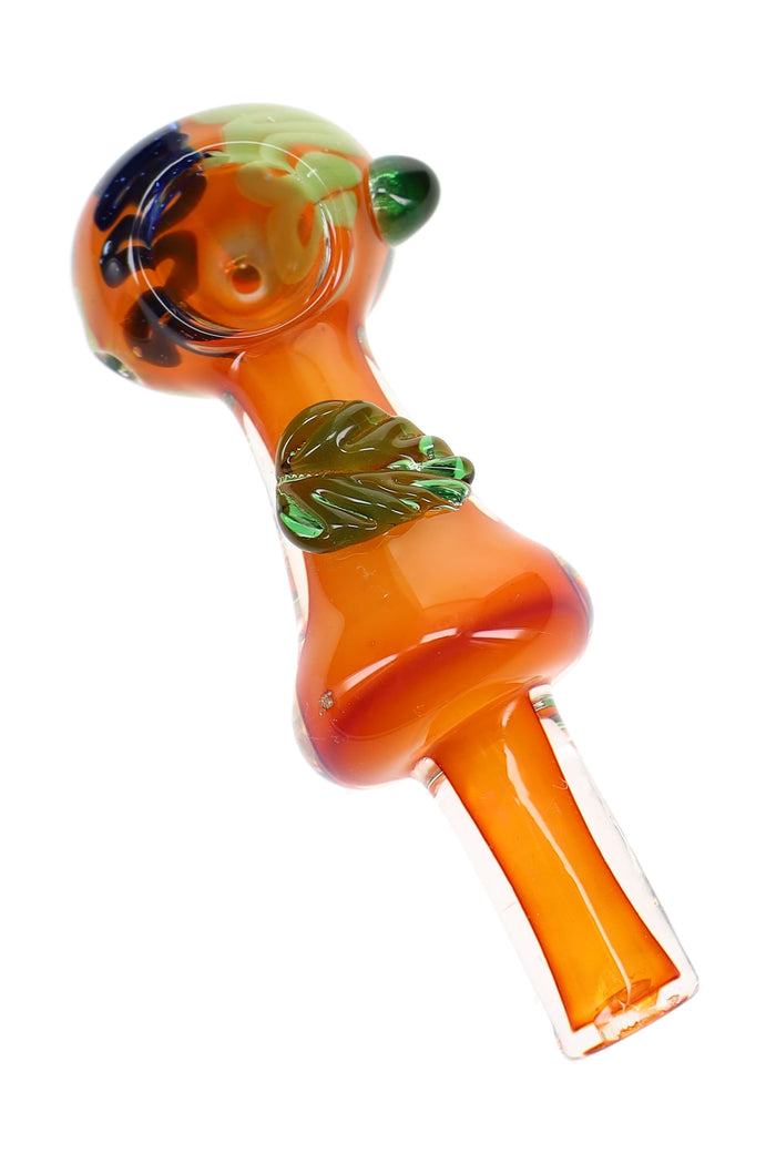 5″ gold fumed glass spoon pipe with green leaf accent, amber body, and multicolor swirl bowl