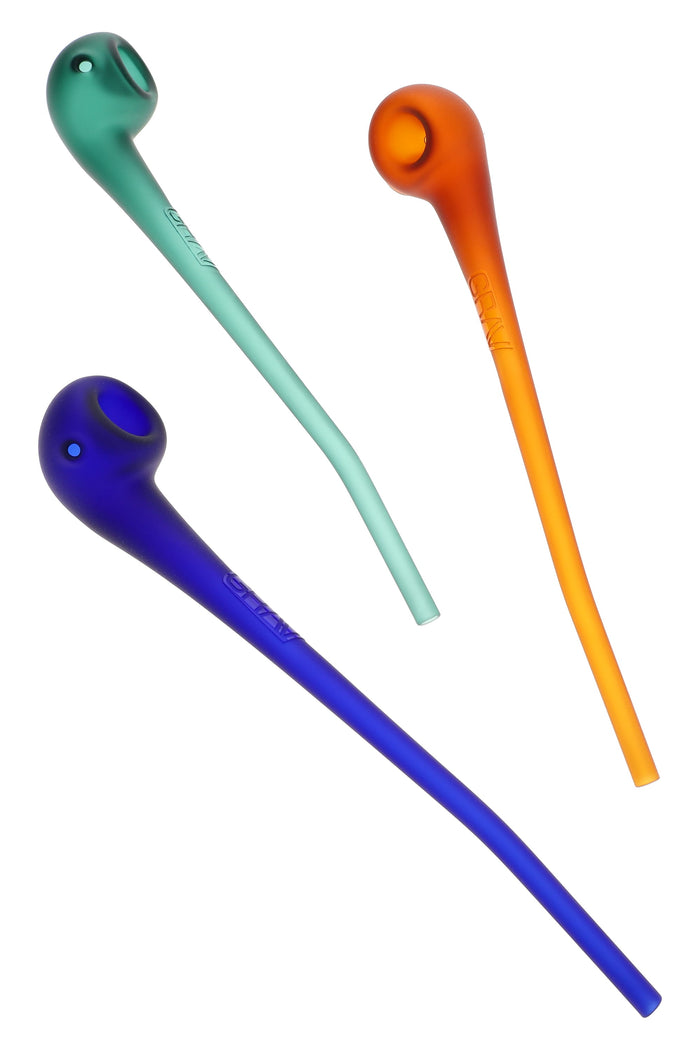 Trio of GRAV sandblasted Gandalf hand pipes in lake green, amber, and cobalt blue, long 10″ stems shown on a white background.