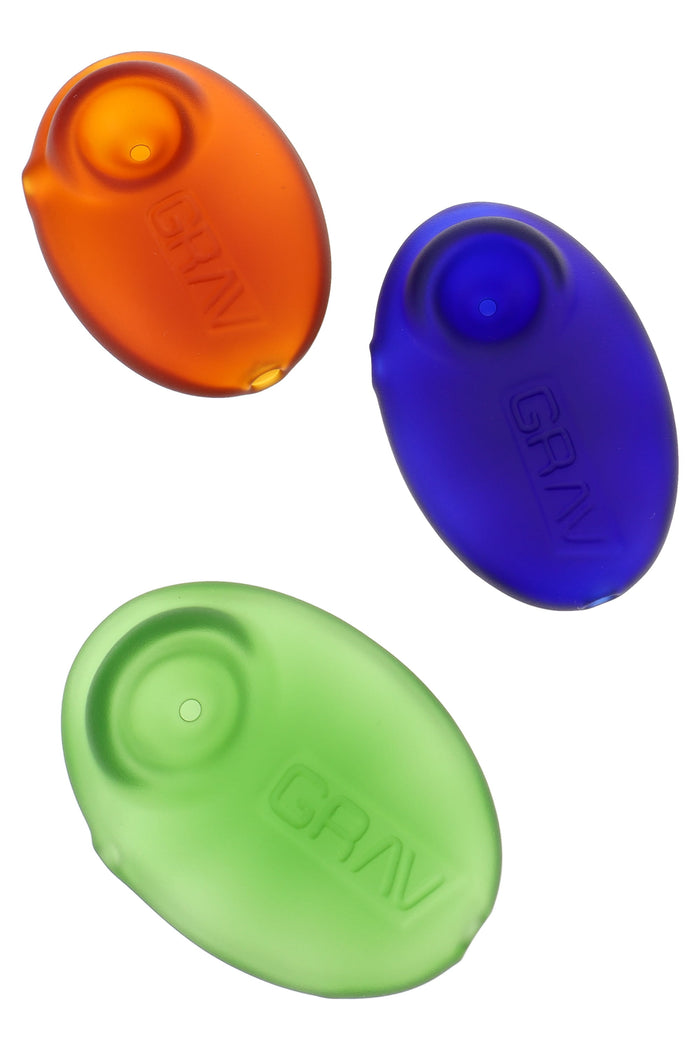 GRAV Sandblasted Pebble Spoon glass hand pipes in green, blue, and amber; matte finish, compact 3″ dry herb spoon with side carb.