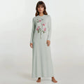 Women’s light green long-sleeve nightgown with pink rose floral print, crew neckline