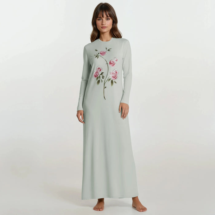 Women’s light green long-sleeve nightgown with pink rose floral print, crew neckline