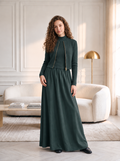Dark green ribbed zip cardigan and long maxi jumper dress set, full-length skirt