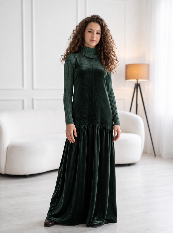 Dark green velvet drop-waist maxi jumper sleeveless dress.