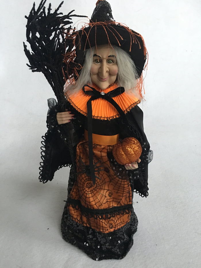 Halloween Black and Orange Witch Holding Pumpkin and Broom