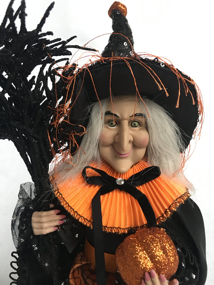 Halloween Black and Orange Witch Holding Pumpkin and Broom