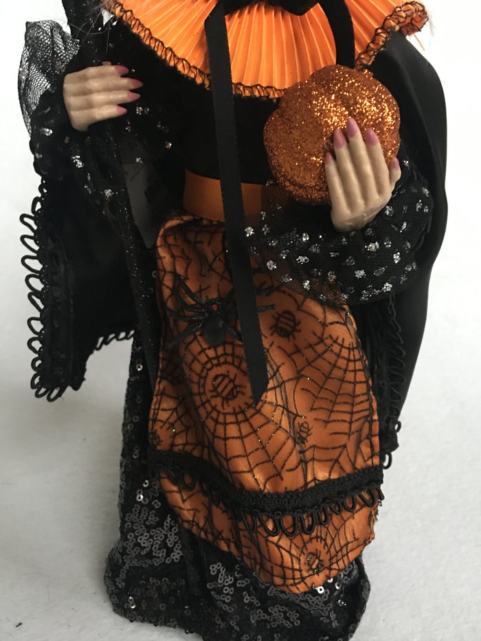 Halloween Black and Orange Witch Holding Pumpkin and Broom
