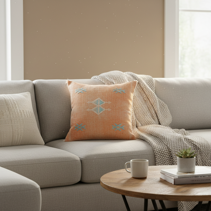 Moroccan Sabra Silk Cushion Light Orange Cozy Setting