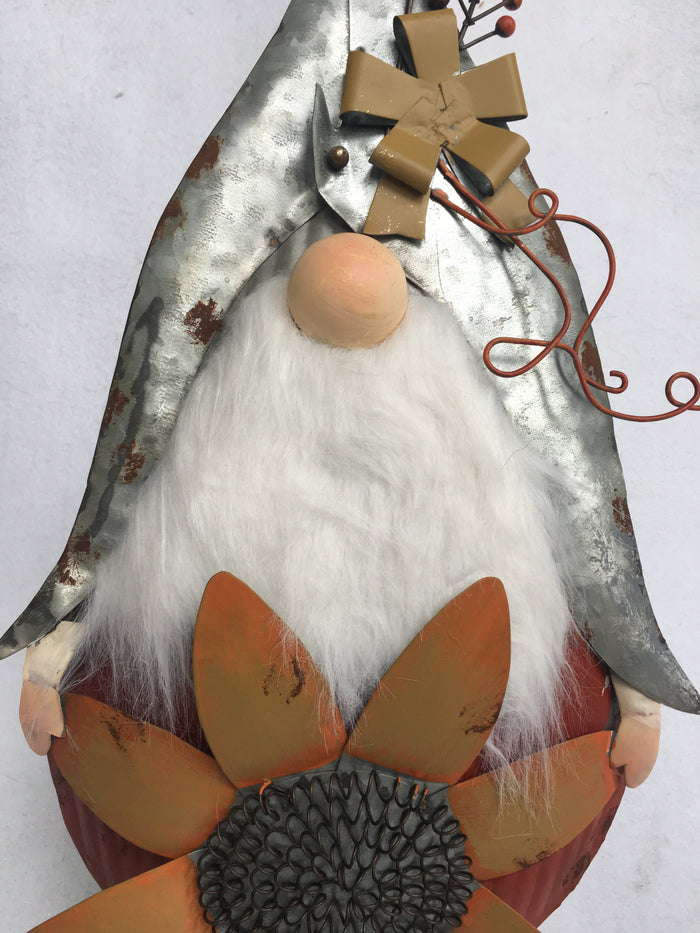Harvest Metal Gnome Holding Sunflower or Banner