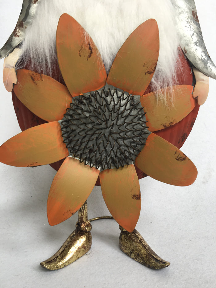 Harvest Metal Gnome Holding Sunflower or Banner