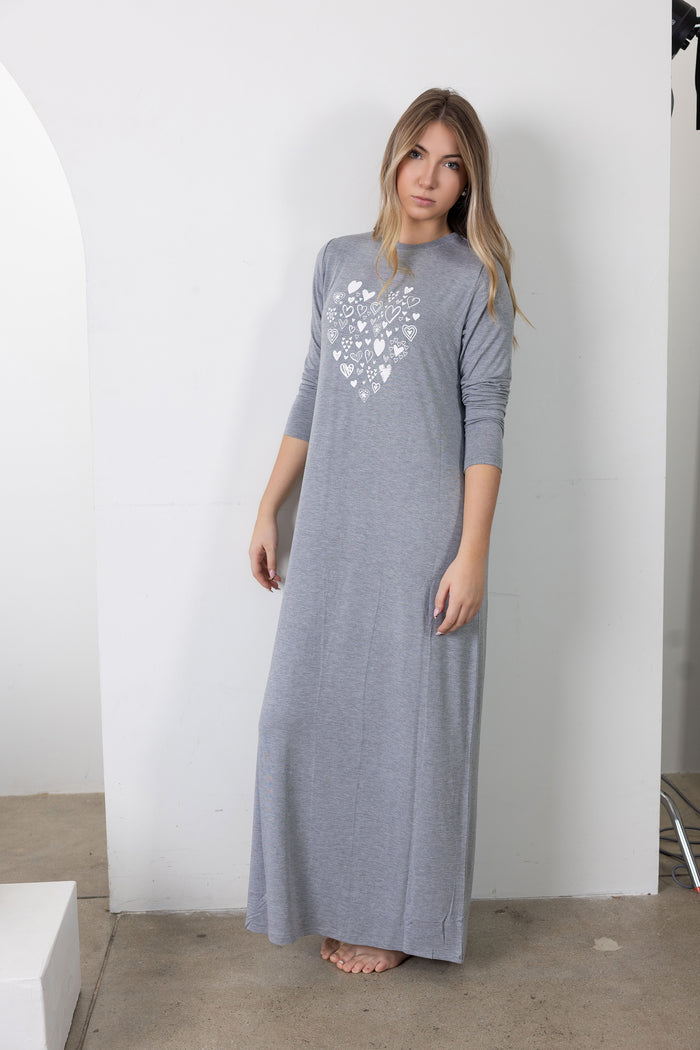 Gray long-sleeve nightgown with heart print front, ankle-length, relaxed fit
