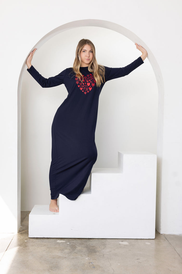 Navy nightgown with red heart graphic neckline, long sleeves and ankle-length fit