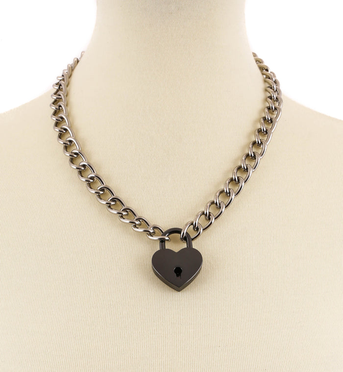 Heart Pad Lock Steel Chain Pendant Necklace Blue Pink Purple & Red