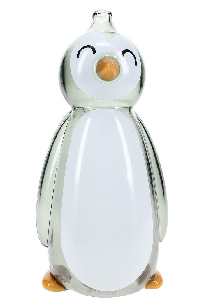 Hemper 6.2 inch penguin glass bong with smoke-colored body, white belly panel and yellow feet, standing upright on a white studio background.