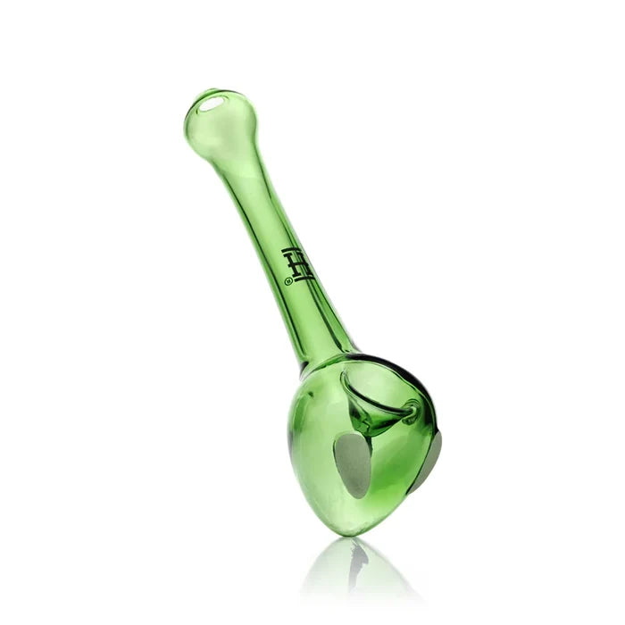 Side view of transparent green alien glass hand pipe with straight stem and alien head bowl end
