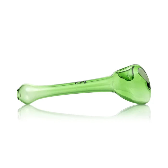 Opposite side of green alien glass hand pipe showing side carb detail and alien head profile