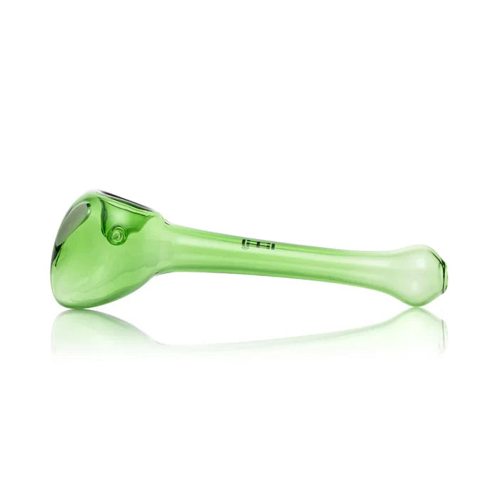 Mouthpiece-end view of green alien hand pipe with straight glass stem and alien head bowl