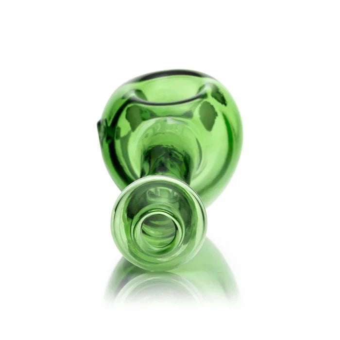 Front angle of transparent green Hemper alien hand pipe with glow-eye alien face details