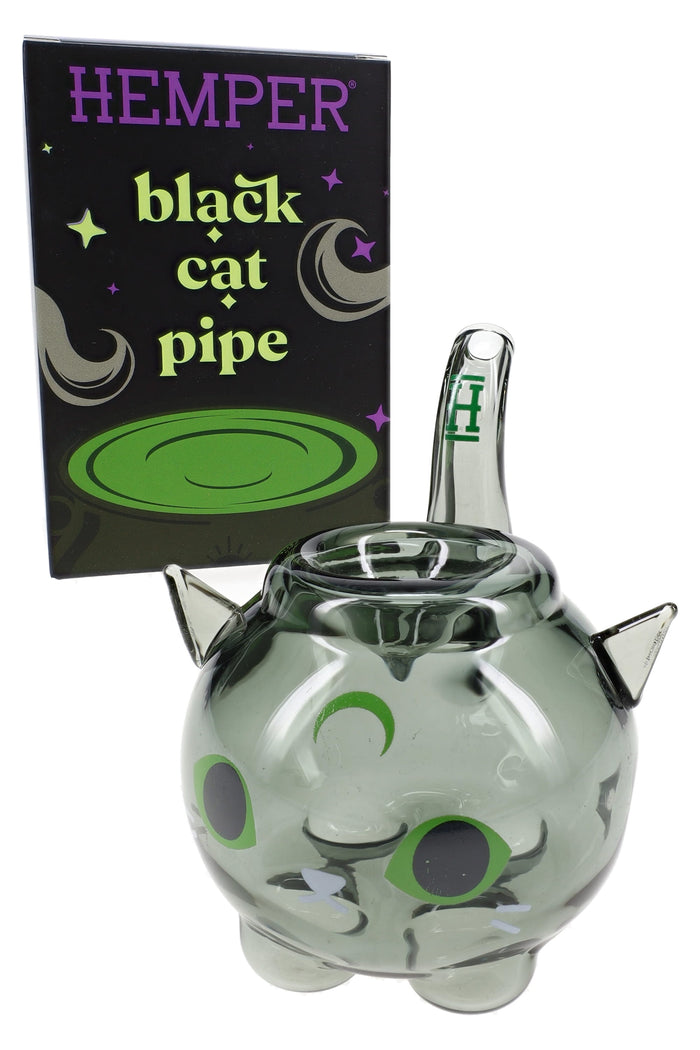 Hemper Black Cat glass hand pipe with retail box, cauldron-style bowl and tail mouthpiece in compact 3″ size