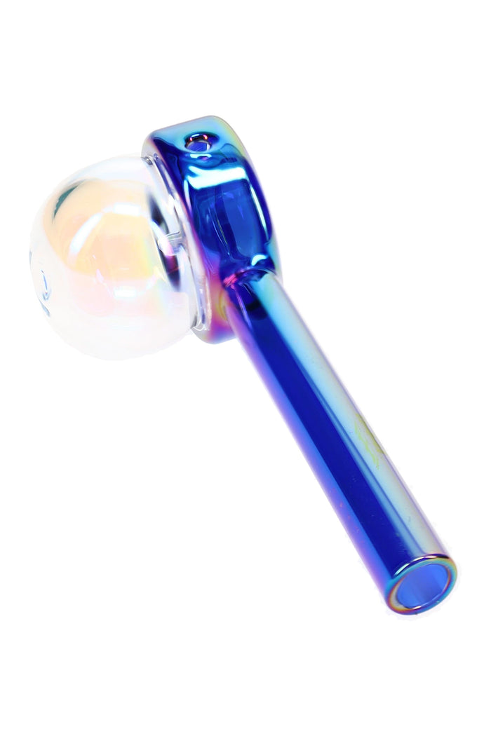 Blue electroplated bubble wand hand pipe angled to show front bowl, side carb, and handle decal