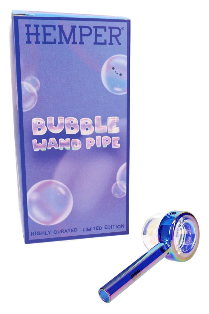 HEMPER Bubbles Wand hand pipe beside blue retail box with clear bubble detail and upright handle