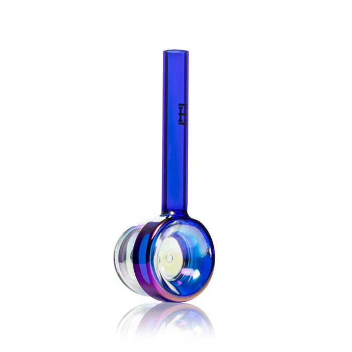 Side view of blue bubble wand glass hand pipe with clear bubble chamber and shiny glass finish