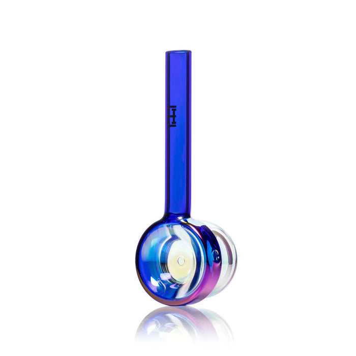 Electroplated blue bubble wand hand pipe angled to show clear bubble detail and side carb