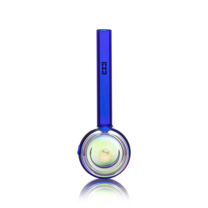 Front-facing blue bubble wand glass hand pipe with clear round bubble bowl and H decal