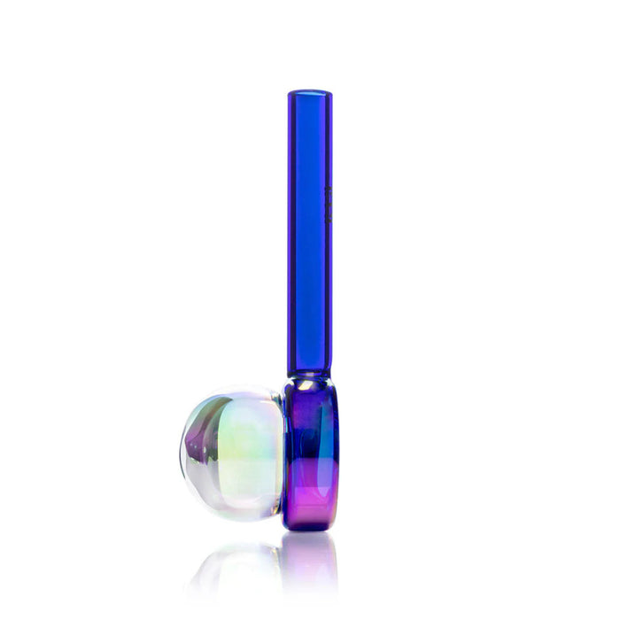 Side profile of blue and clear bubble wand glass hand pipe with upright handle and reflective finish