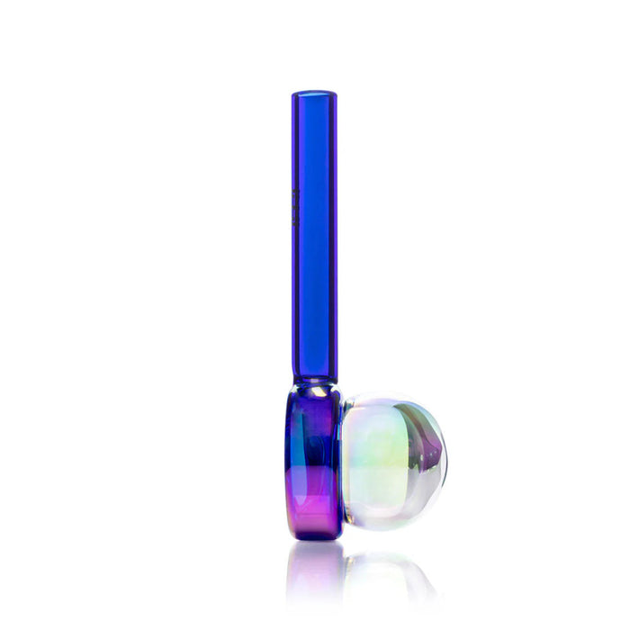 Side view of blue bubble wand glass hand pipe with clear bubble chamber and shiny glass finish