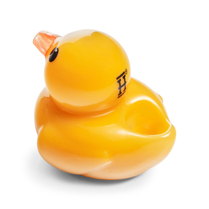 Top view of ducky glass hand pipe showing bowl opening placement and curved duck silhouette, compact everyday piece