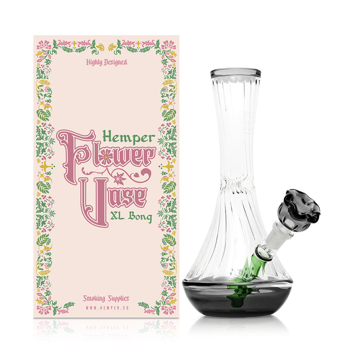 HEMPER Flower Vase XL glass bong with fluted body, green floral accent, and retail box