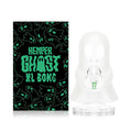 Translucent ghost-shaped HEMPER glass bong beside branded box with wide clear base