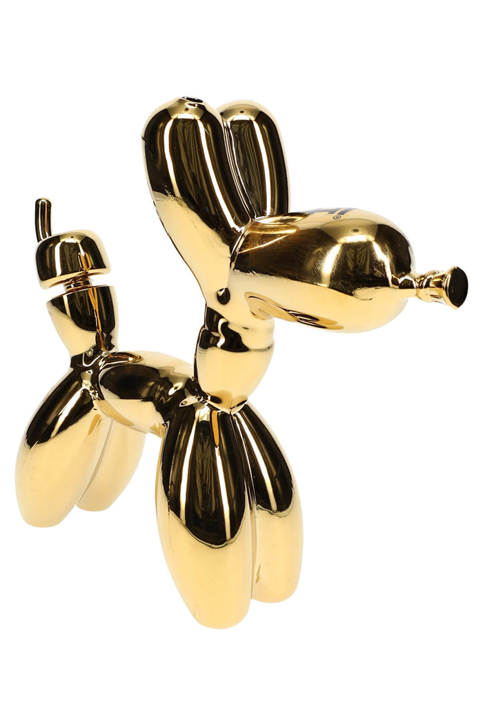 Glossy gold balloon dog water piece side angle showing recessed tail joint and stable standing legs on white