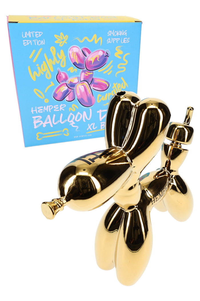 Hemper gold balloon dog glass bong with colorful retail box, glossy electroplated finish and compact 7.5″ size